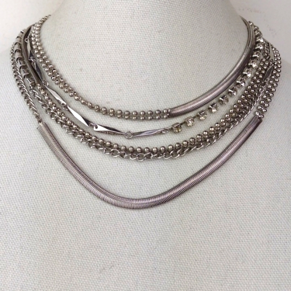 Lani Multi Layer Multi Media Silver Tone Choker Necklace